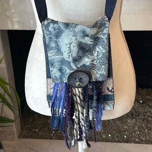 Cloth & Denim Blue Handmade Beaded Fringed  Positve Message Crossbody Bag